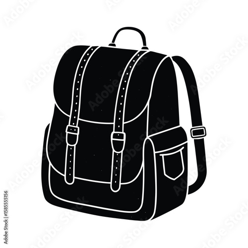 Classic black backpack with buckle straps and side pocket silhouette