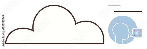 Cloud outline with voice profile and wave patterns signifying speech data. Ideal for technology, communication, AI, voice recognition, cloud computing, data transfer, futuristic tech. Simple flat