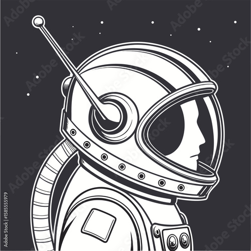 Retro Astronaut Head in Profile with Stars in the Background