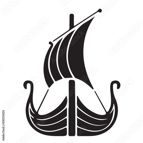 A graphic illustration of a viking ship with sails in black and white on a white background