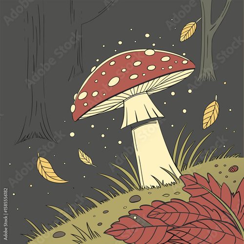 Enchanting Forest Scene With A Majestic Mushroom And Falling Autumn Leaves