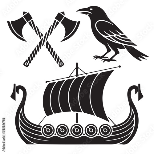 A black and white illustration of a viking ship, axes, and a raven on a white background
