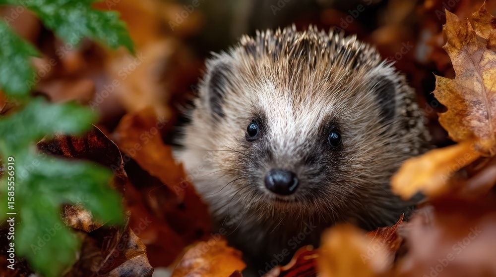 Fototapeta premium Curious hedgehog exploring a carpet of autumn leaves in the forest