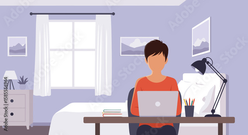 A person works remotely on a laptop at a desk in a cozy, well-lit home office or bedroom setting.