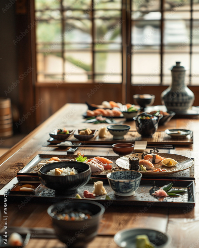 Fototapeta premium Stół z tradycyjnymi japońskimi potrawami – sushi, miso, ryż, sashimi i inne dania podane w elegancki, minimalistyczny sposób, zgodnie z japońską kulturą kulinarną.
