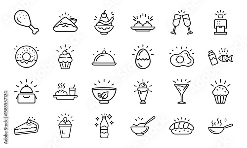 Collection of Hand-Drawn Food and Drink Line Icons with Light Effects Featuring Fast Food, Desserts, Beverages, and Hot Meals on White Background
