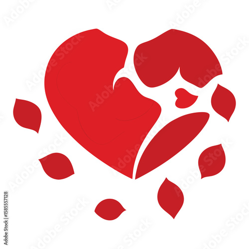 Delicate loose rose petals artfully arranged to form a symbolic broken heart shape representing love and loss