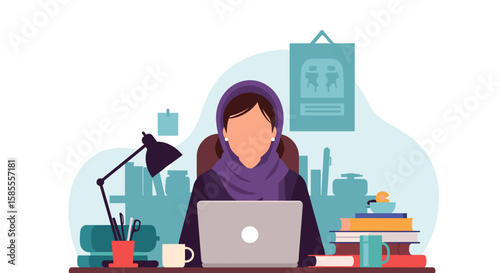 A faceless Muslim woman wearing a hijab is depicted in a vector illustration while working at her desk with a laptop, books, and office supplies.