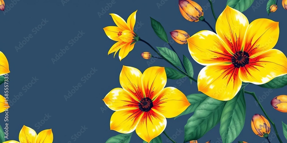 Fototapeta premium Vibrant yellow watercolor flowers in exotic seamless pattern, print, pattern
