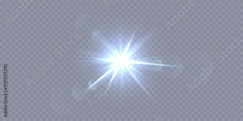 Realistic flashlight with bokeh effect on transparent background, glowing light burst with radiant beams and lens flare effect. Blue energy explosion overlay for abstract sci-fi, tech png bg.