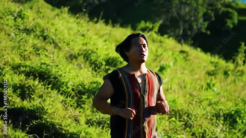 An athletic Asian man runs down a lush green hill in the countryside wearing colorful traditional attire. An athletic Asian man runs down a lush green hill in the countryside wearing colorful traditional attire.