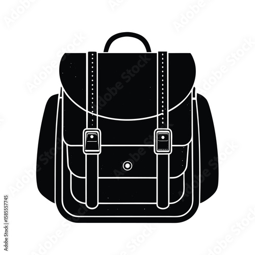 Classic black backpack silhouette with buckles and straps