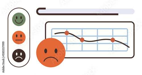 Sad face next to a declining line graph indicating falling satisfaction levels. Green, orange, and red happy faces for feedback. Ideal for data trends, surveys, reports, performance, analysis
