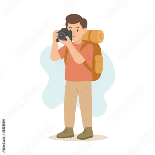 Male photographer holds camera outdoors, camera captures adventure views and male traveler documents hiking moments.