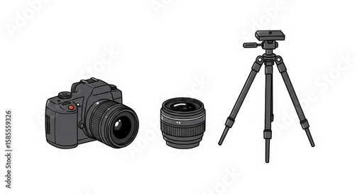 Photography Gear Sticker Illustration: Camera, Lens, and Tripod