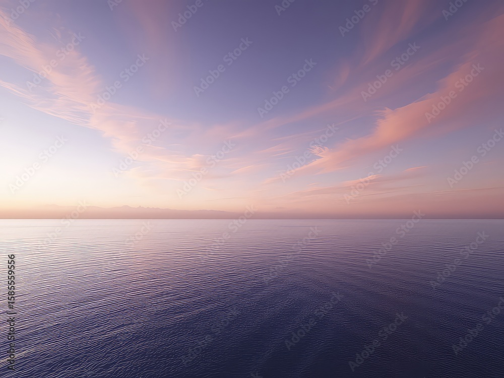 Fototapeta premium Calm water meeting a soft colored sunset as wispy clouds create a serene and peaceful scene