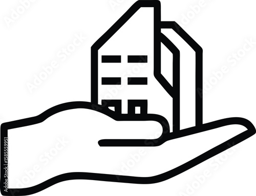 Home on hand outline icon for construction and mortgage concepts