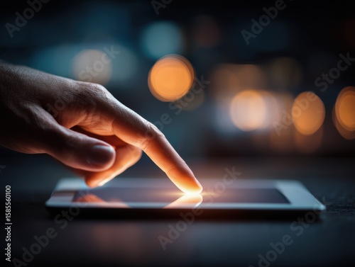 Tech accessibility moment — glowing fingertip touch on tablet interface in low light, highlighting intuitive access, inclusive mobile design, and empowering digital interaction for modern connectivity