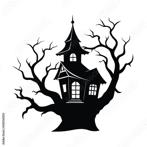 Spooky haunted house perched on a gnarled tree silhouette