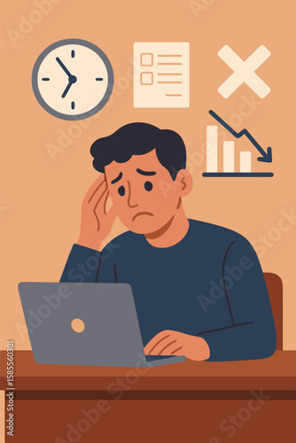 Flat illustration of a worried man sitting at a desk with a laptop