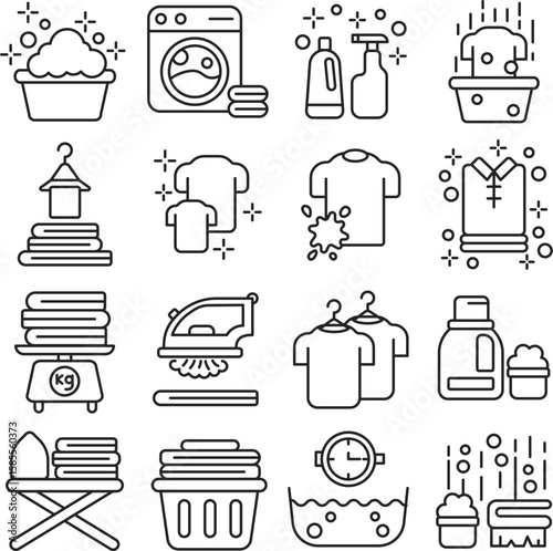 Laundry icon set. Includes of washing, cleaning, detergent, washer, and More. Outline icons vector collection	