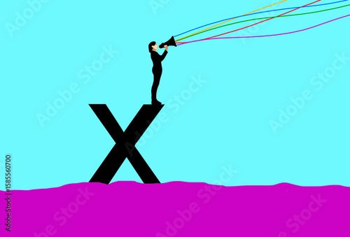 Illustration of a person standing on an X with a megaphone and colorful lines representing communication
