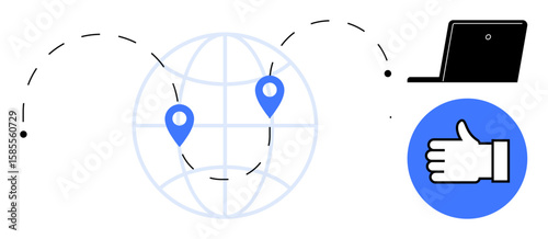 Globe with geolocation markers connected to laptop and thumbs-up icon. Ideal for technology, networking, communication, global reach, collaboration, online services, simple landing page