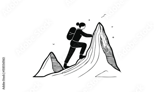 Vector silhouette of a person climbing a mountain