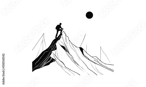 Vector silhouette of a person climbing a mountain