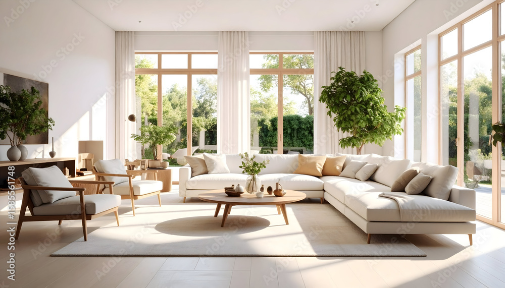 Fototapeta premium Bright Minimalist Living Room Interior with Beige Sofa and Natural Light
