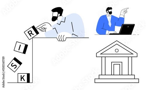 Person stacking blocks marked risk near the edge, professional working on a laptop, and a bank building. Ideal for risk, strategy, stability, teamwork, financial planning, analysis reliability