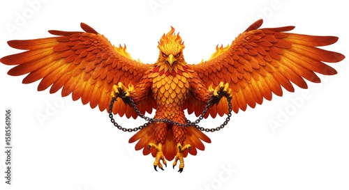 fiery phoenix chained, wings spread, orange clip art preview