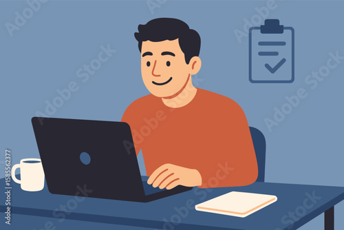 Flat illustration of a smiling man sitting at a desk with a laptop, notebook, and coffee cup, looking focused and motivated