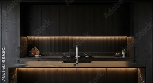 A sleek, high-end contemporary kitchen interior featuring dark oak cabinetry, luxurious black marble countertops, and warm accent lighting, highlighting minimalist design and modern functionality
