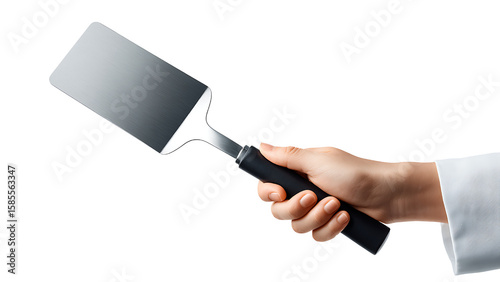 chef hand holding spatula steel on transparent background PNG