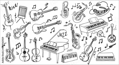 Detailed monochrome doodle illustration of various musical instruments and music notes, featuring guitars, pianos, saxophones, violins, drums, and brass instruments.
