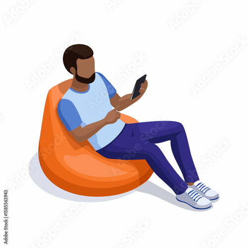 relaxed man using smartphone on a bean bag