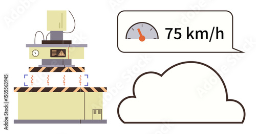 Industrial equipment linked to cloud network, speedometer reading 75 kmh. Ideal for technology, cloud integration, data analysis, IoT, automation, manufacturing efficiency. Simple flat metaphor