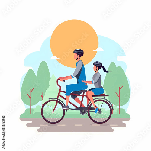 Flat vector of a person cycling in the morning with sunrise and trees