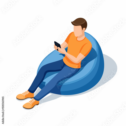relaxed man using smartphone on a bean bag