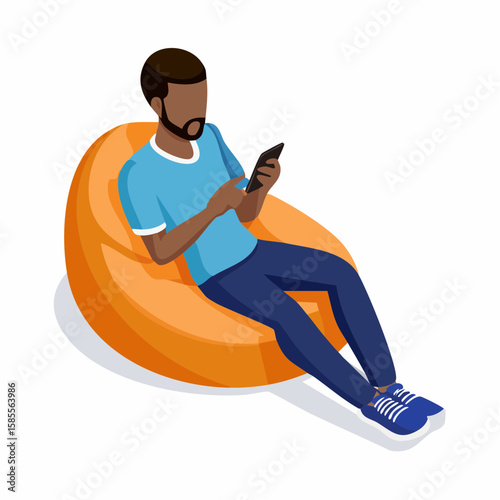 relaxed man using smartphone on a bean bag