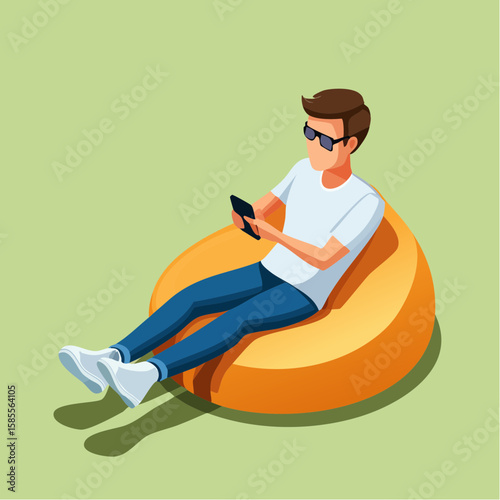 relaxed man using smartphone on a bean bag