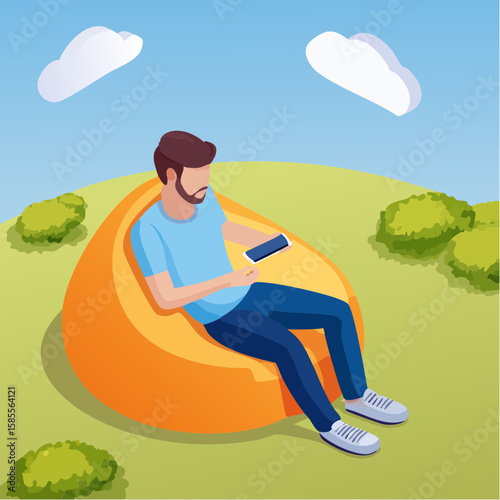 relaxed man using smartphone on a bean bag