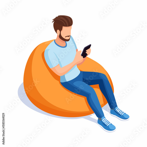 relaxed man using smartphone on a bean bag