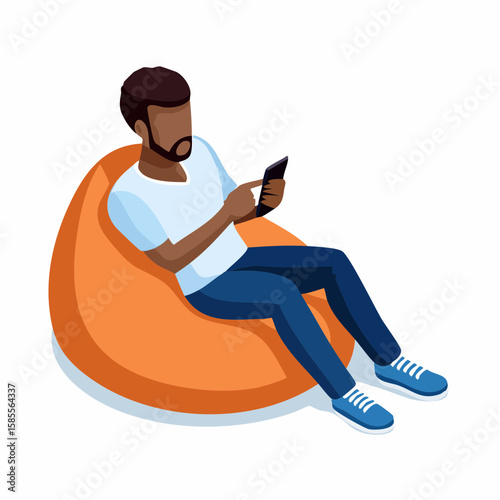 relaxed man using smartphone on a bean bag