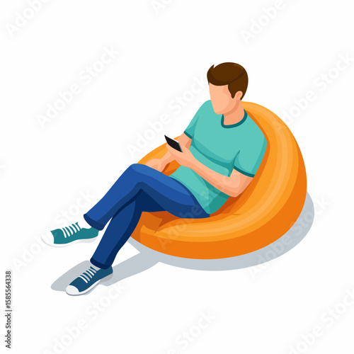 relaxed man using smartphone on a bean bag
