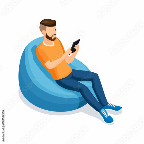 relaxed man using smartphone on a bean bag