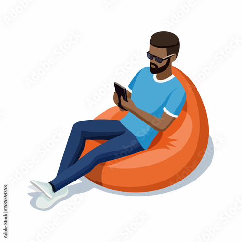 relaxed man using smartphone on a bean bag