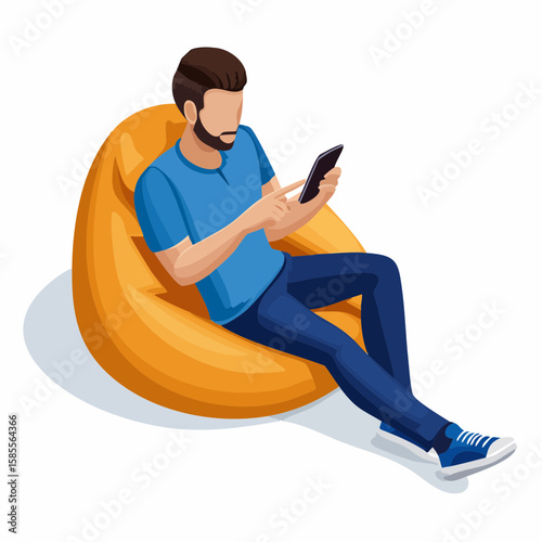 relaxed man using smartphone on a bean bag