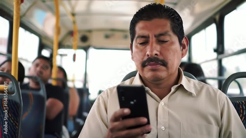 Middle aged Hispanic man with a mustache using a smartphone while commuting on a public bus